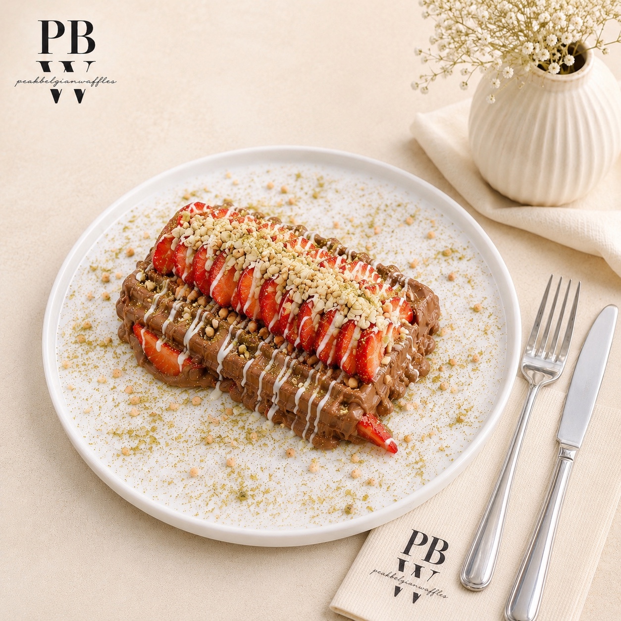 Peak Belgian Waffles'ın taze meyveli ve çikolatalı waffle'ı